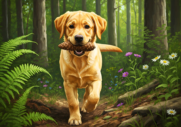 Happy Puppy Rests With Pinecone In Forest Shade Print
