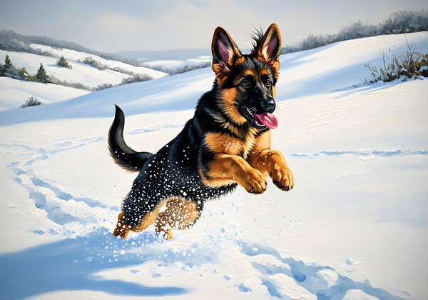 Happy German Shepherd Puppy Rests In Snow Print