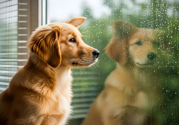 Peaceful Golden Retriever Puppy Rests By Rainy Window Print