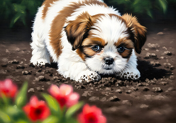 Shih Tzu Puppy Ready To Help In The Garden Print