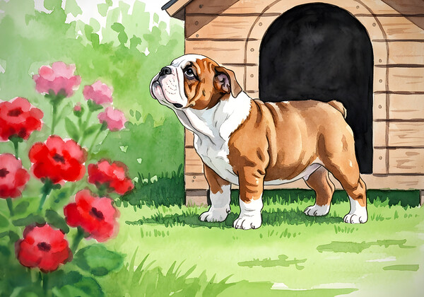 Happy Bulldog Puppy Explores The Garden Confidently Print