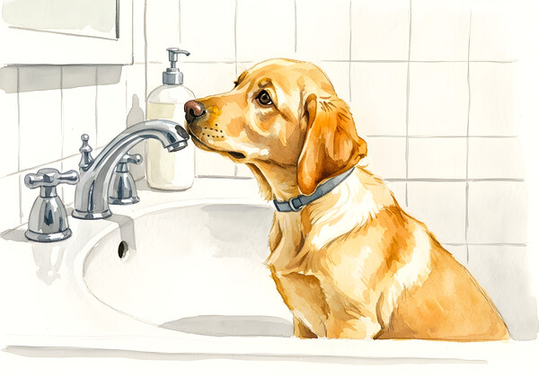 Worried Puppy Waits In Bathroom Sink Print