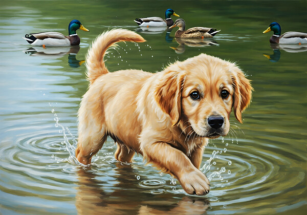 Happy Golden Retriever Puppy Plays With New Duck Friends At Pond Print