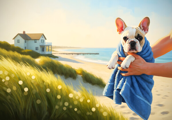 French Bulldog Puppy Wrapped In Beach Towel After Swimming Print