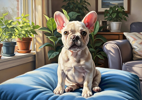 French Bulldog Puppy Sits Alert On Blue Cushion Print