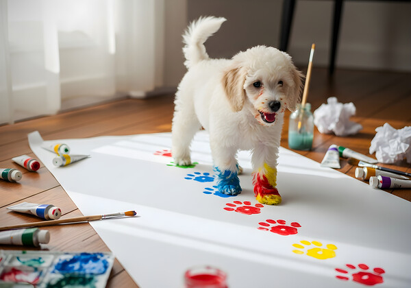 Proud Poodle Puppy With Finished Paw Print Masterpiece Print
