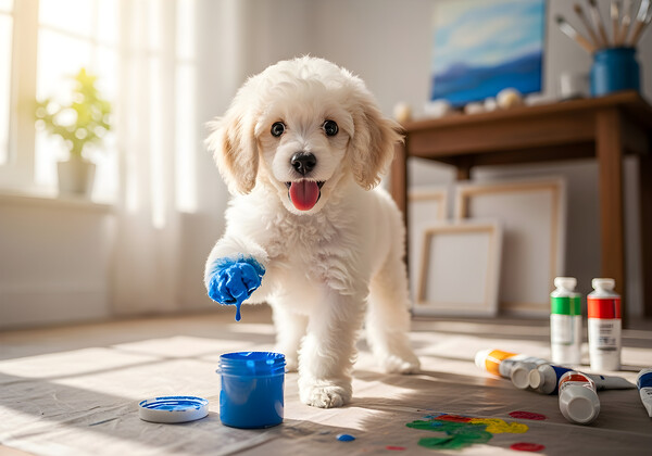 Poodle Puppy Discovers Colorful Paint Containers Print