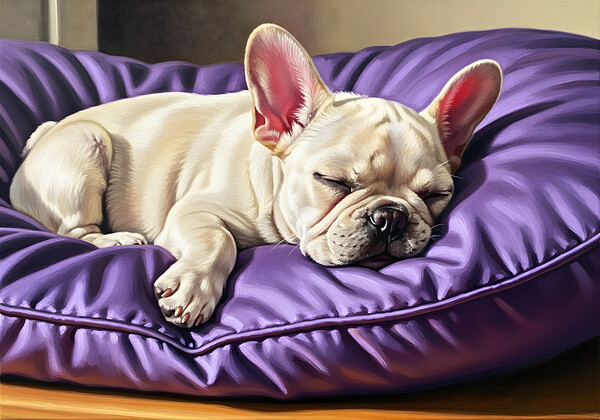 French Bulldog Puppy Sleeping Peacefully On Purple Pillow Print