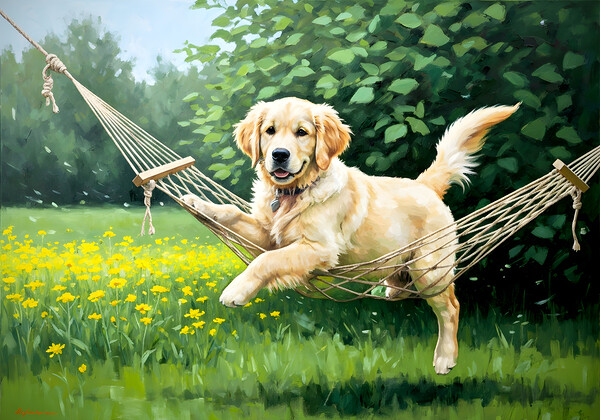 Golden Retriever Puppy Discovers Tiny Hammock In Garden Print