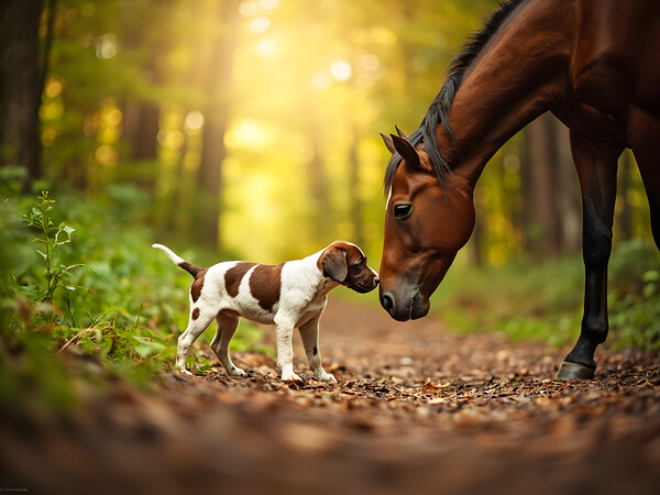 German Shorthaired Pointer Puppy Befriends Trail Horse Print