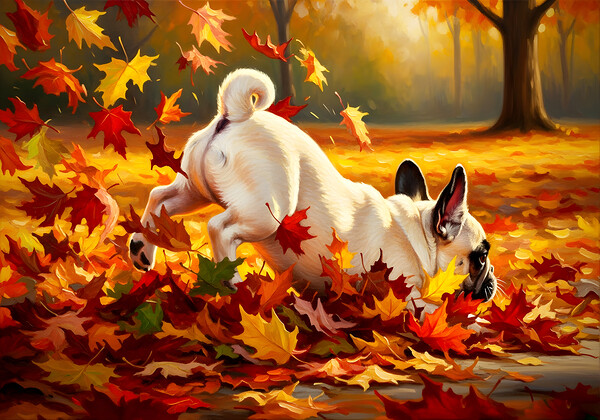 French Bulldog Puppy Discovers Autumn Leaf Pile Print