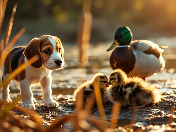 Beagle Puppy Explores By The Pond Print