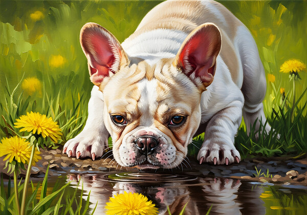 French Bulldog Puppy Discovers Reflection In Puddle Print
