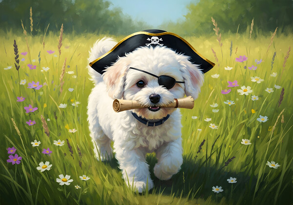 Bichon Frise Puppy Discovers Pirate Treasure Map Print