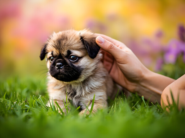 Pug Puppy Gets Gentle Ear Scratches In Garden Print