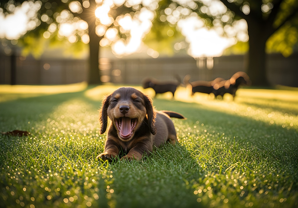 Brown Dachshund Puppy Waking Up In Sunny Garden Print