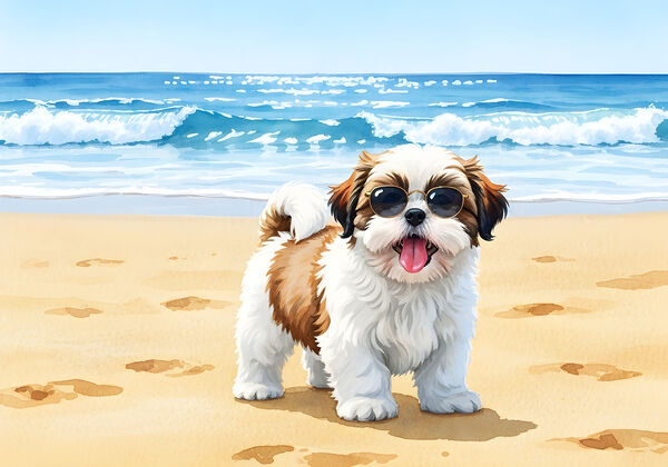 Shih Tzu Puppys First Beach Adventure With Cool Sunglasses Print