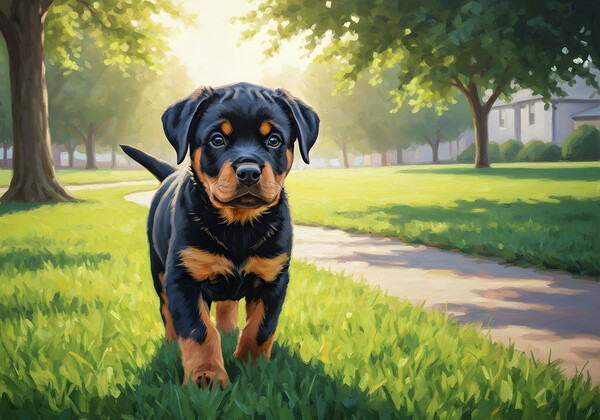 Young Rottweiler Puppy Explores The Park Alone Print