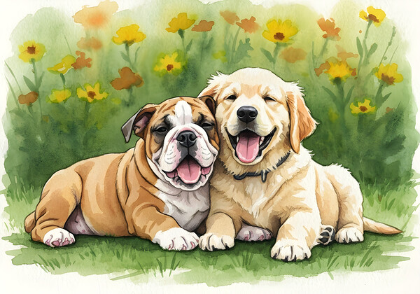 Bulldog Puppy Rests With New Best Friend Print