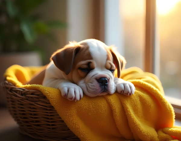 Bulldog Puppy Sleeps Peacefully In Wicker Basket Print