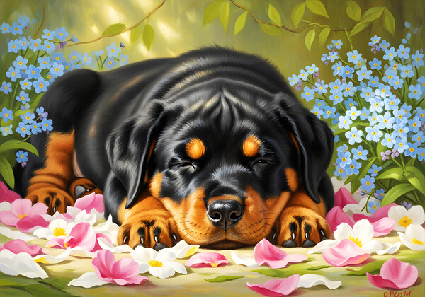 Sleepy Rottweiler Puppy Rests In Flower Bed Print