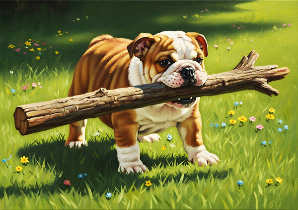 Bulldog Puppy Finds Big Wooden Stick Print