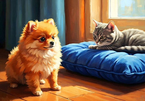 Pomeranian Puppy Discovers New Friend Print