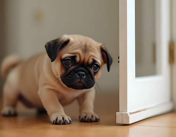 Pug Puppy Discovers The Pet Door Print