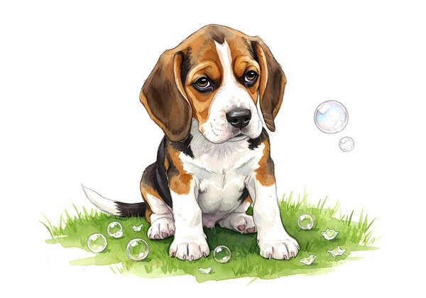 Beagle Puppy Confused After Bubbles Pop Away Print