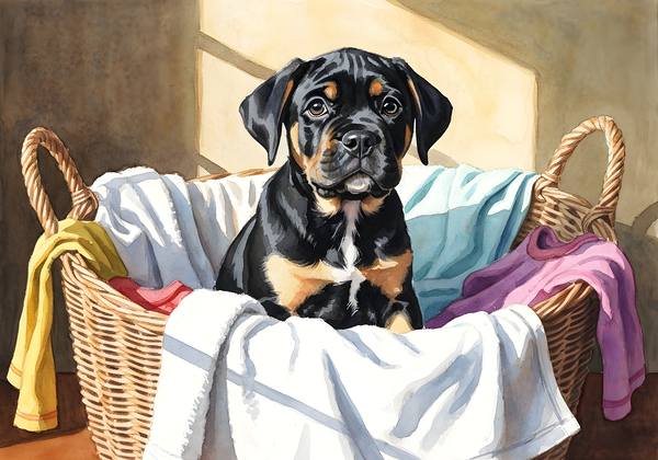 Puppy Cane Corso Discovers Cozy Laundry Basket Print