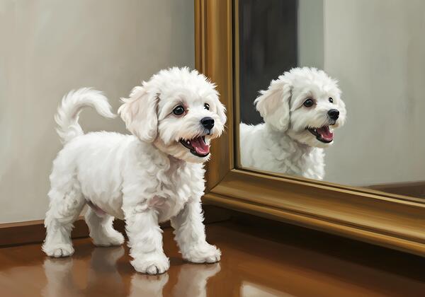 Playful White Bichon Frise Puppy Invites Mirror Reflection To Play Print