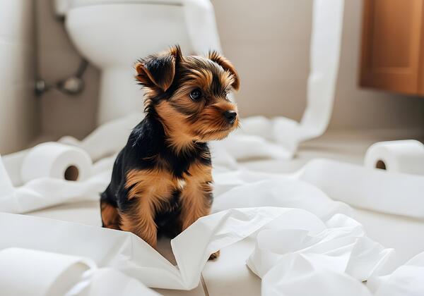 Brown Yorkshire Terrier Puppy With Unrolled Toilet Paper Trail Mess Print