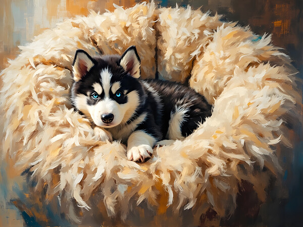 Little Husky Puppy Discovers Giant Cozy Dog Bed Print