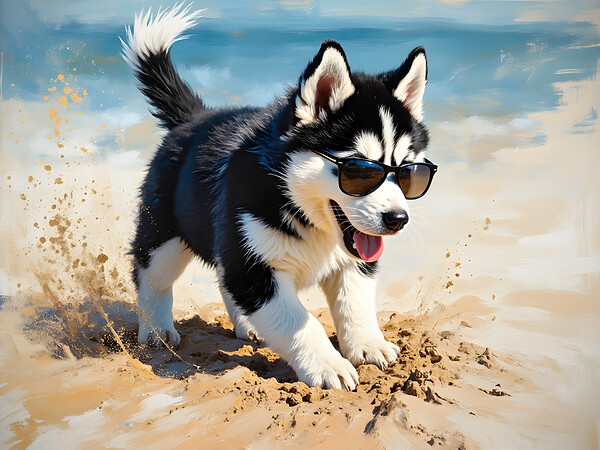 Husky Puppy Digging Excitedly In Beach Sand Print