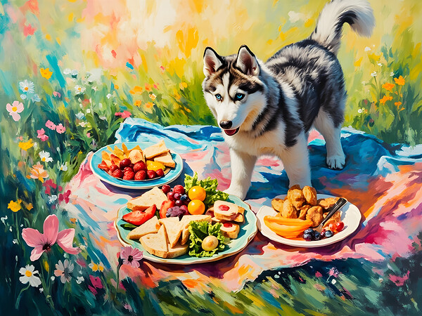 Husky Puppy Discovers Picnic Spread Print