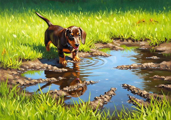 Dachshund Puppy Discovers Muddy Puddle Print