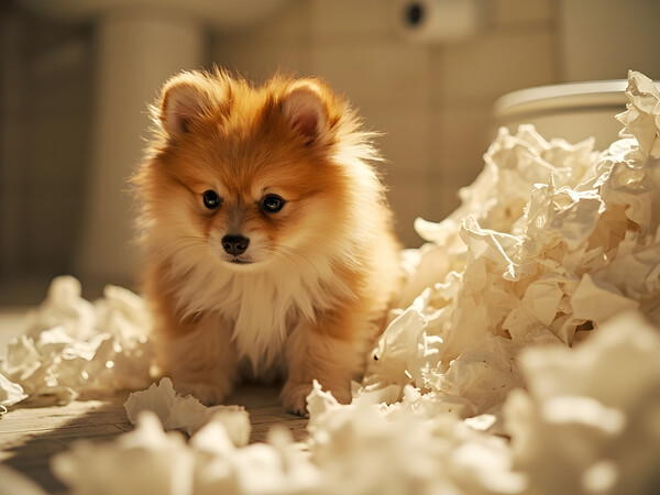 Guilty Pomeranian Puppy After Making Paper Mess Print