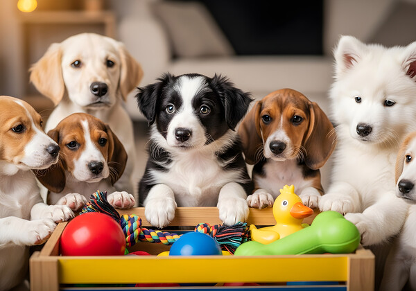 Border Collie Puppy Discovers Exciting Toy Box Print