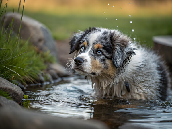 Australian Shepherd Puppy Emerges From Pond Water Print