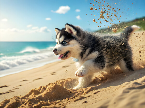 Siberian Husky Puppy Discovers Sandy Beach Fun Print