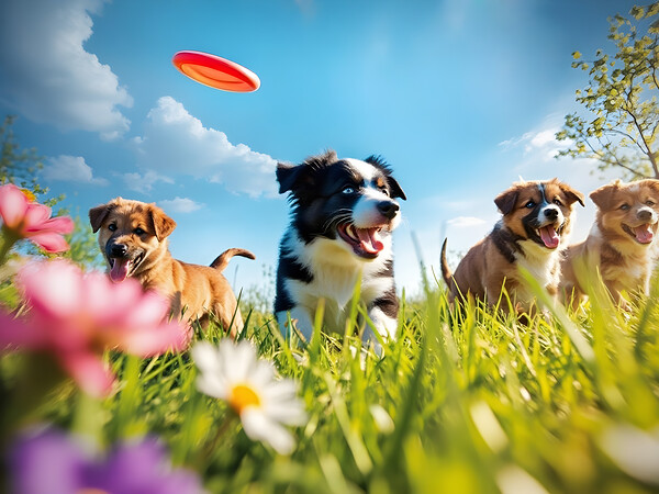 A black and white Border Collie puppy playing frisbee with his f Print
