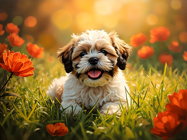 Happy Shih Tzu Puppy Rests After First Adventure Print