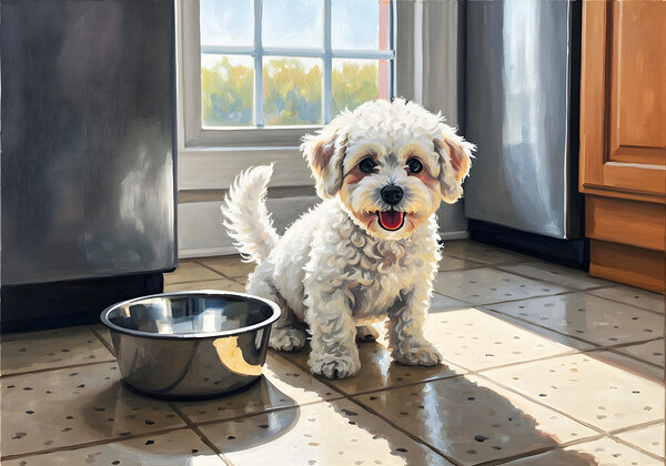 Bichon Frise Puppy Discovers Empty Food Bowl Print