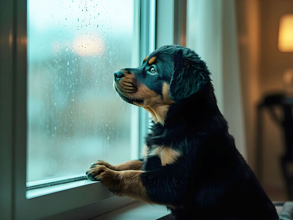 Hopeful Rottweiler Puppy Anticipates End Of Rainy Weather Print