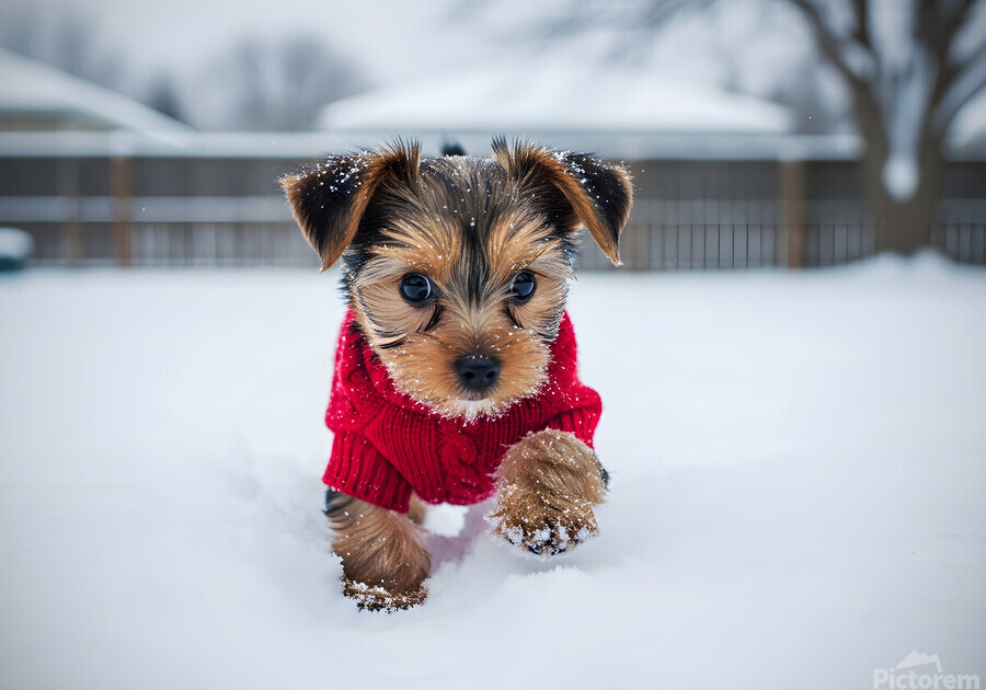 Yorkshire Terrier Puppy Watches Winter Snow Fall  Print