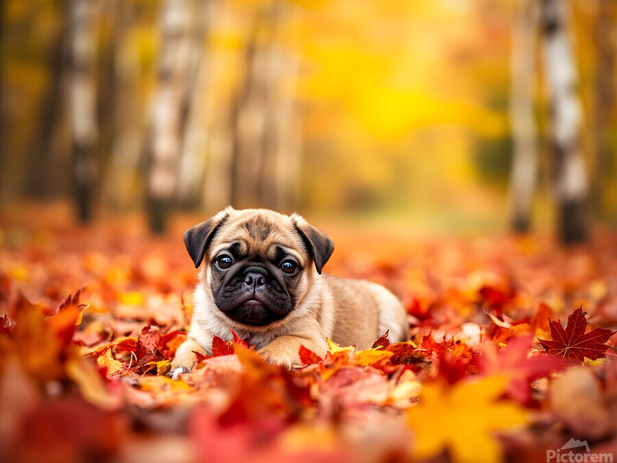 Pug Puppy Crowned With Autumn Leaf Victory  Print