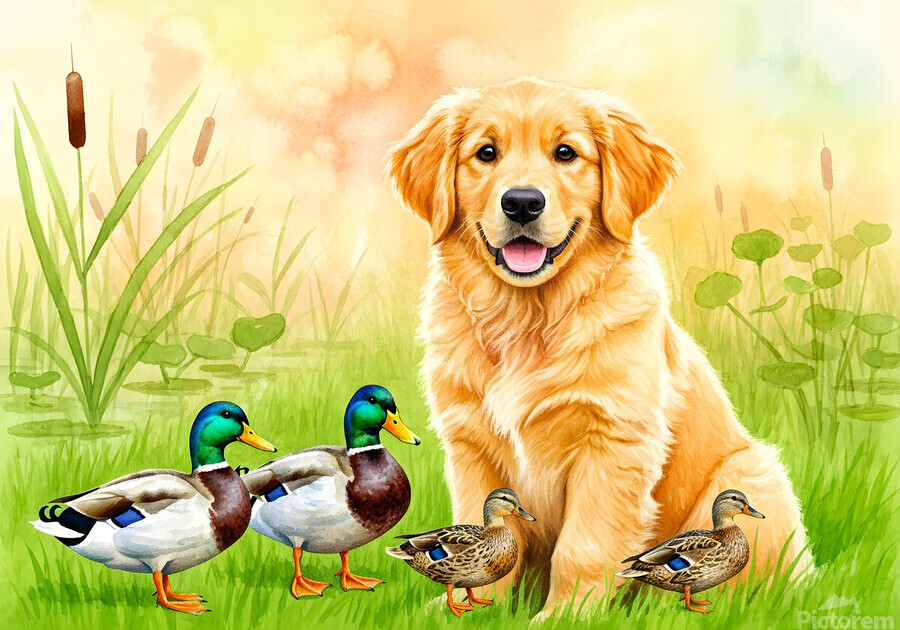 Golden Retriever Puppy Discovers The Pond  Print