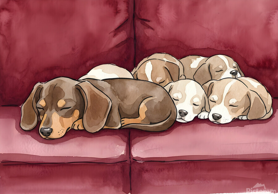 Dachshund Puppy Naps With New Friends  Print