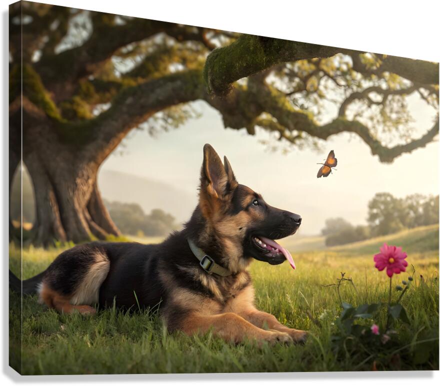 German Shepherd Puppy Resting Watches Butterfly Canvas Print