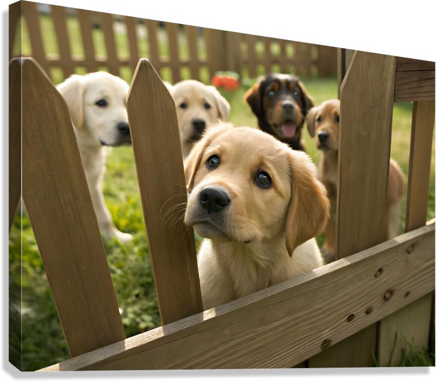 Curious Labrador Retriever Puppy Gazing Through Fence With Friends Canvas Print